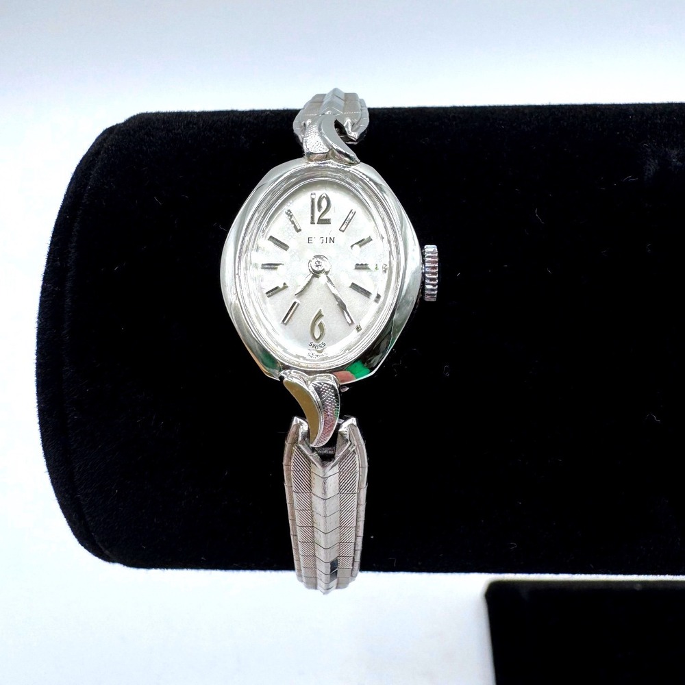 Elgin Women's Vintage Silver Tone Bracelet Watch 60s Art Deco Style Small